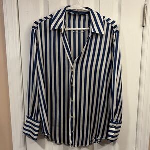 Zara Blue and White Striped Button Down Shirt